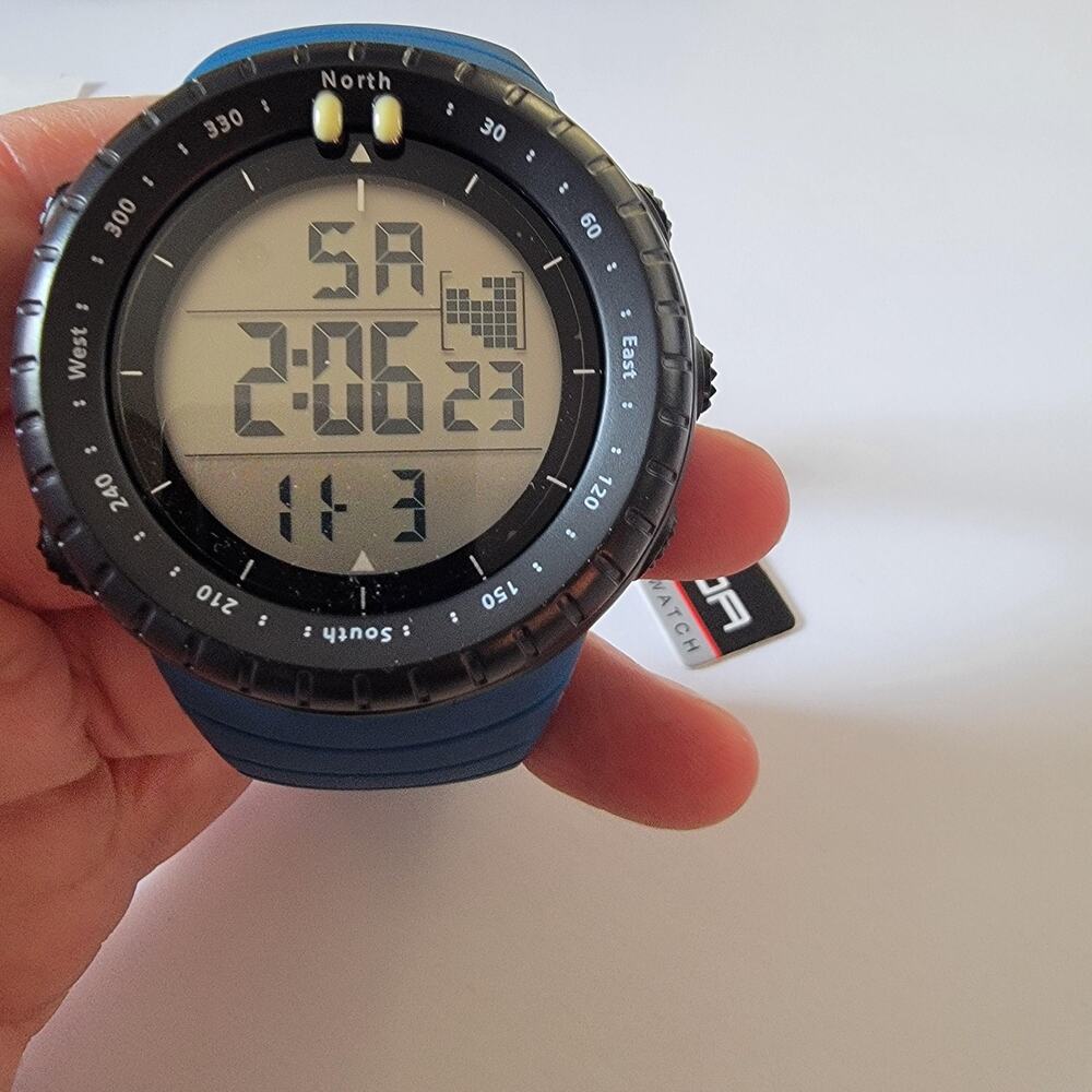 Black Digital Watch Mens Alarm Compass Bezel Blue Silicone Strap Casual